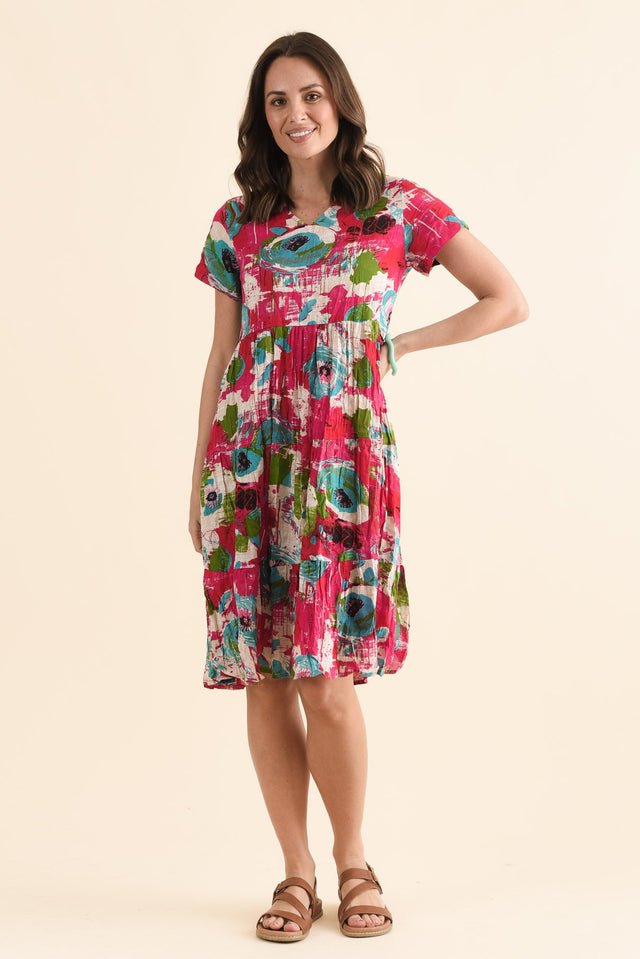 Lania Fuchsia Flower Crinkle Cotton Dress,Full Body,Brunette model,alt text|model:MJ image 6