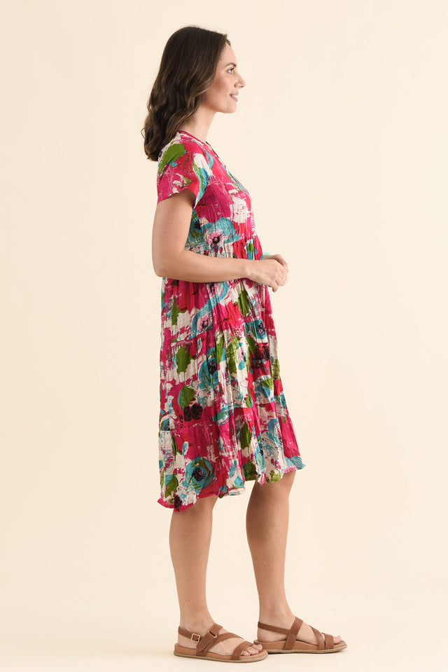 Lania Fuchsia Flower Crinkle Cotton Dress,Full Body,Brunette model,alt text|model:MJ image 2
