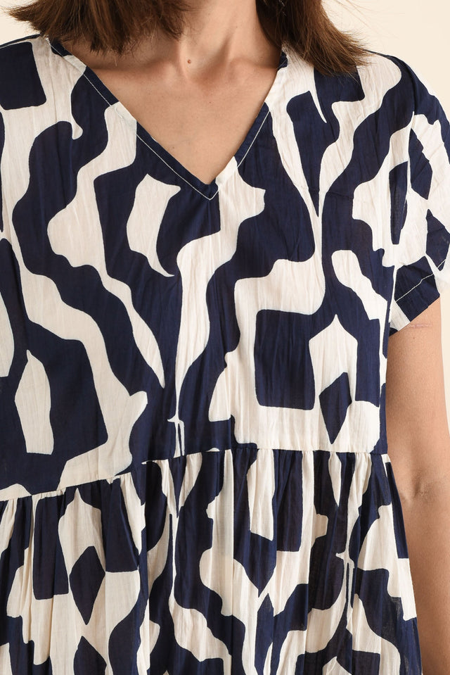 Lania Navy Motif Crinkle Cotton Dress,Detail,Brunette model,alt text|model:Cara image 5