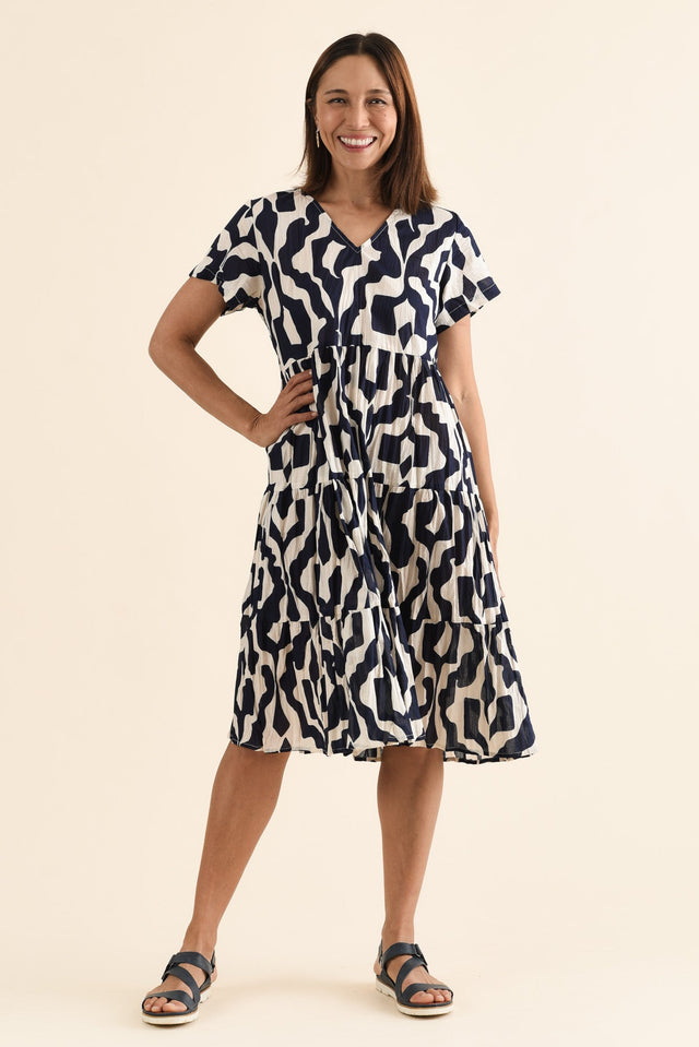 Lania Navy Motif Crinkle Cotton Dress,Front,Brunette model,alt text|model:Cara image 1