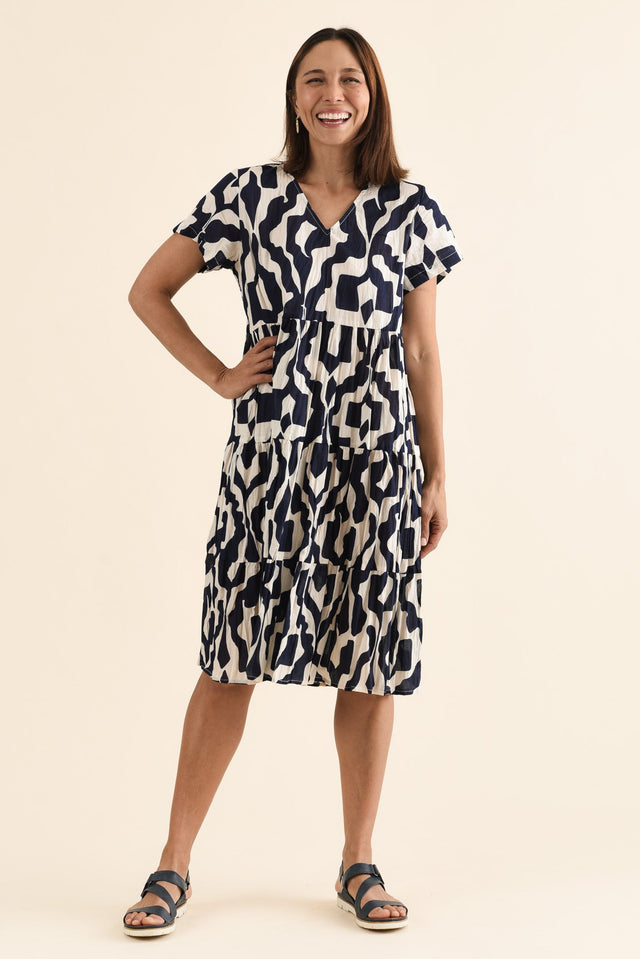 Lania Navy Motif Crinkle Cotton Dress,Full Body,Brunette model,alt text|model:Cara image 2