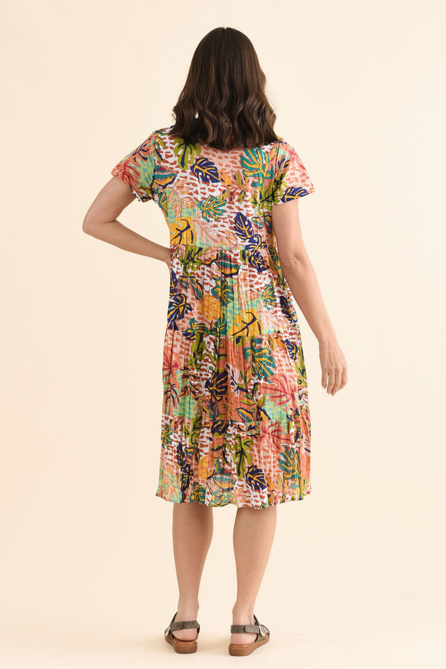 Lania Orange Leaf Crinkle Cotton Dress,Back,Brunette model,alt text|model:MJ image 4