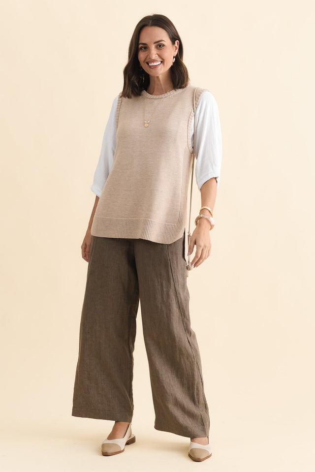 Laurell Beige Knit Crewneck Vest,Brunette model,alt text|model:MJ image 3