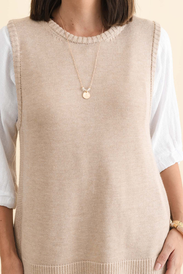 Laurell Beige Knit Crewneck Vest,Brunette model,alt text|model:MJ image 6