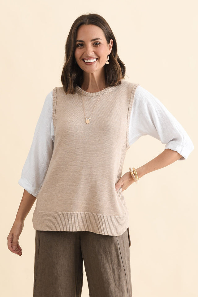 Laurell Beige Knit Crewneck Vest,Brunette model,alt text|model:MJ
