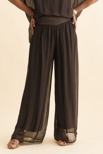 Laurier Chocolate Silk Wide Leg Pants,Brunette model,alt text|model:Cara