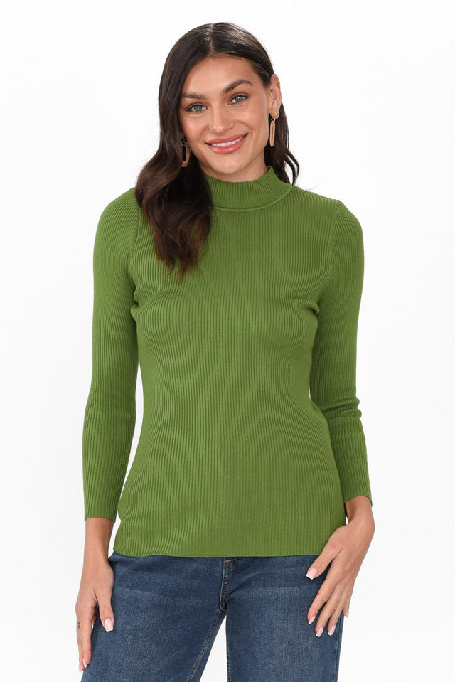 Laurina Green Cotton Blend Ribbed Top neckline_High print_Plain sleevetype_Straight length_Hip hem_Straight sleeve_3/4 TOPS   alt text|model:Brontie;wearing:S image 1
