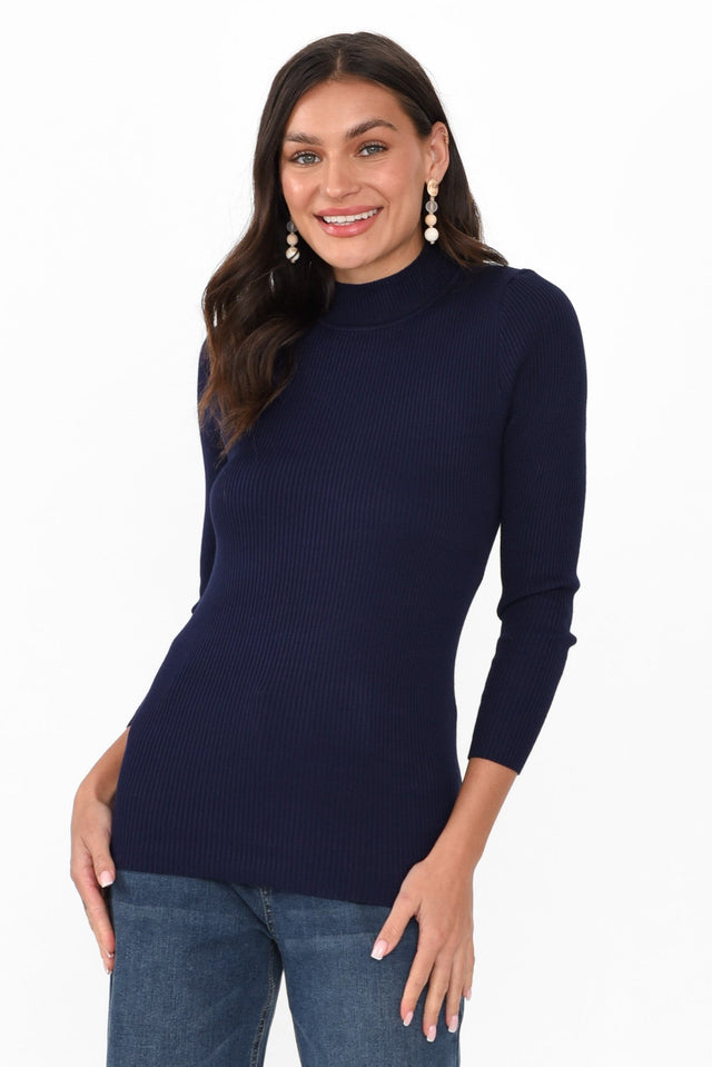 Laurina Navy Cotton Blend Ribbed Top neckline_High print_Plain sleevetype_Straight length_Hip hem_Straight sleeve_Long TOPS   alt text|model:Brontie;wearing:S image 1