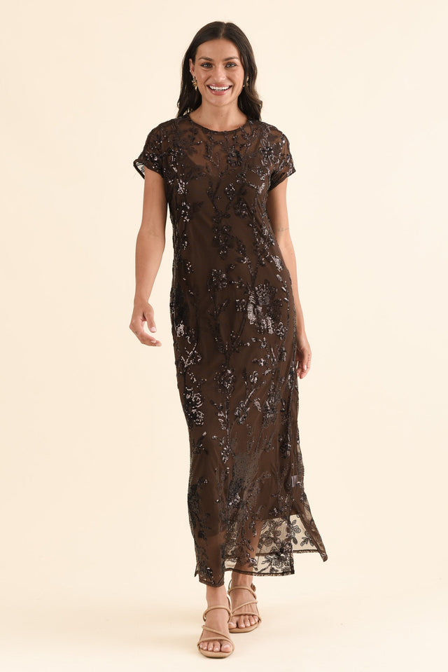 Lavish Chocolate Floral Sequin Dress,Full Body,Brunette model,alt text|model:Brontie