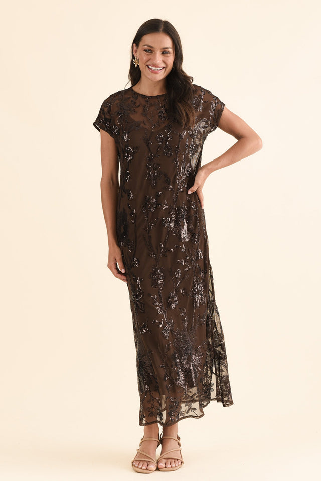 Lavish Chocolate Floral Sequin Dress,Full Body,Brunette model,alt text|model:Brontie image 6
