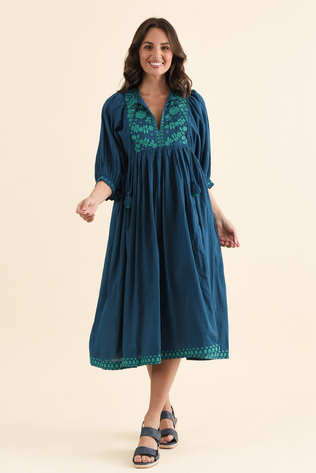 Lazlo Blue Cotton Embroidered Dress,brunette model,Full Outfit,alt text|model:MJ