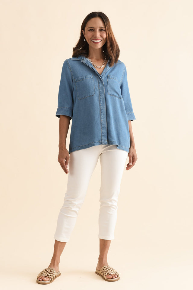 Leeds Blue Denim Pocket Shirt,Full Body,Brunette model,alt text|model:Cara image 6