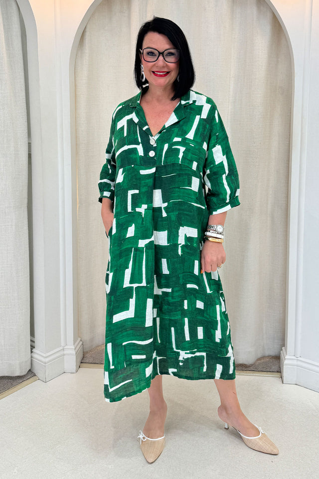 Daria Green Geo Linen Collared Dress
