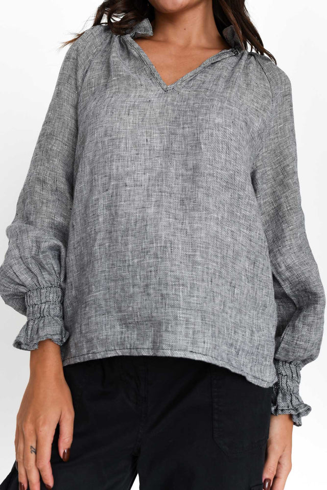 Leland Charcoal Linen Ruched Collar Top
