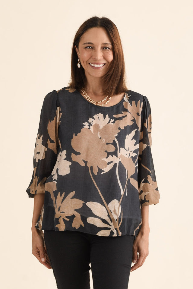 Lenah Black Floral Sleeved Top,Front,Brunette model,alt text|model:Cara image 1