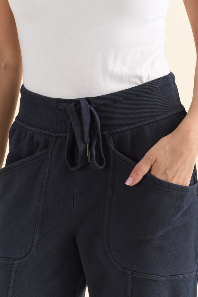 Leo Navy Cotton Sweatpants,brunette model,Close up of outfit,alt text|model:MJ image 5