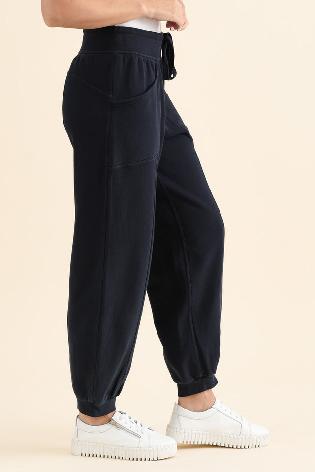 Leo Navy Cotton Sweatpants,brunette model,Side of Outfit,alt text|model:MJ image 3