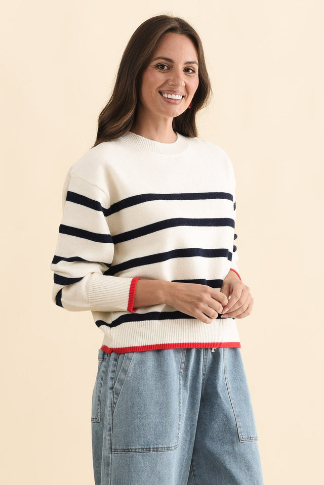 Leonie Navy Stripe Knit Sweater,Brunette model,alt text|model:MJ image 4