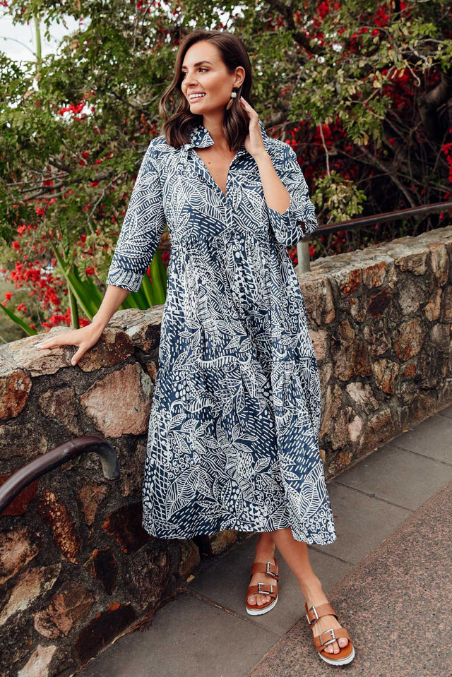 Leros Navy Jungle Organic Cotton Shirt Dress,Brunette model,Lifestyle