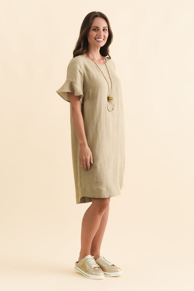 Lesley Taupe Linen Flutter Sleeve Dress,Brunette model,alt text|model:MJ image 4