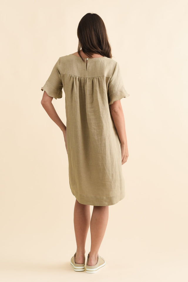 Lesley Taupe Linen Flutter Sleeve Dress,Brunette model,alt text|model:MJ image 5
