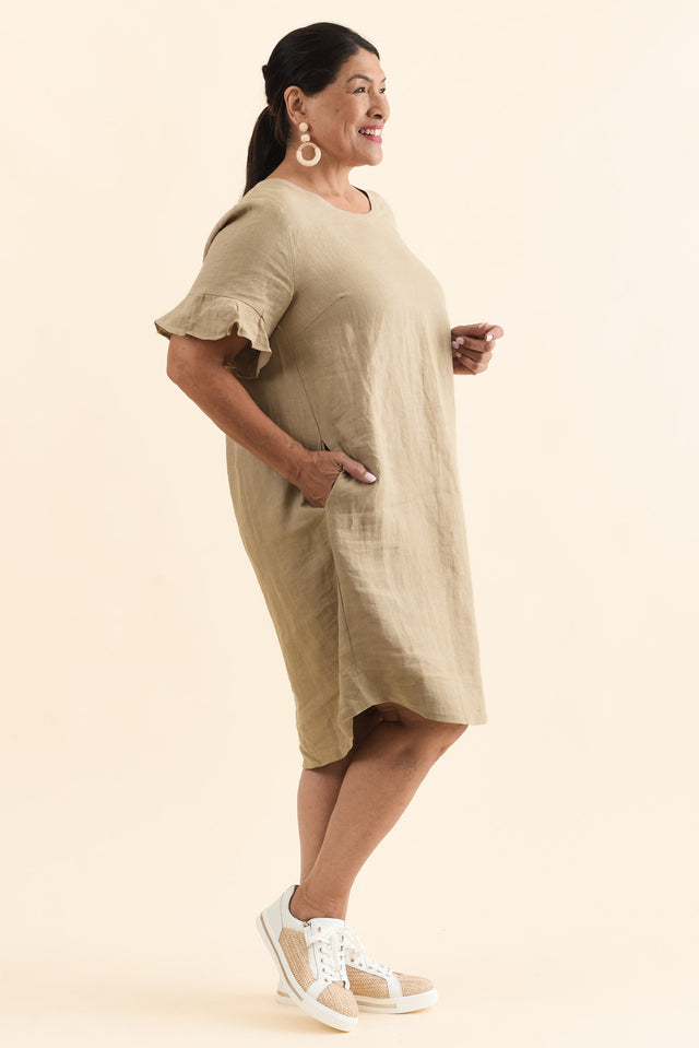 Lesley Taupe Linen Flutter Sleeve Dress,Side,Brunette model,alt text|model:Pilita image 11