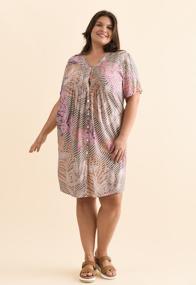 Leticia Pink Leaf Midi Dress,Brunette model,alt text|model:Gabby image 9