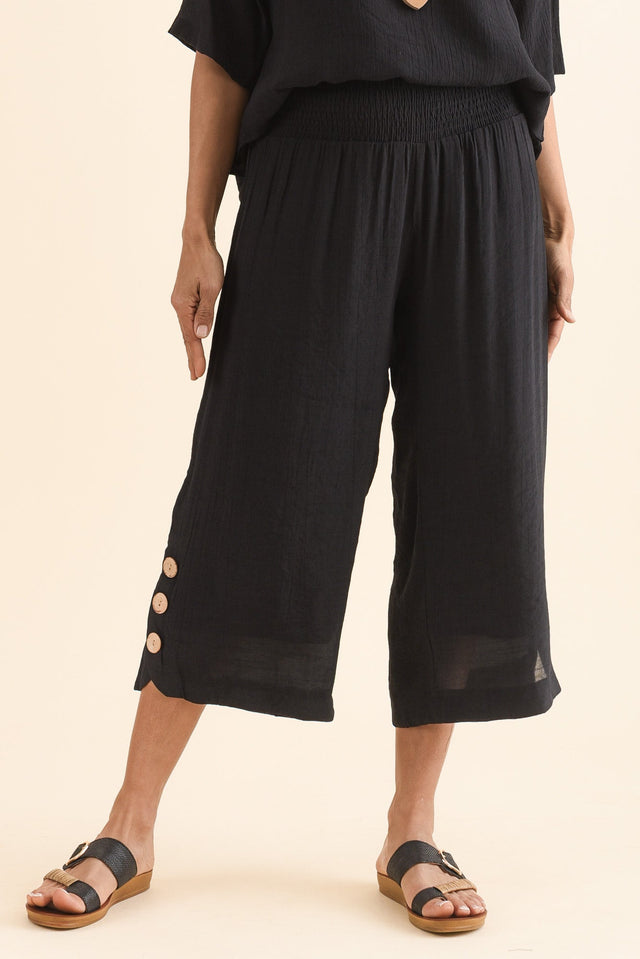 Lettie Black Button Pants,Front,Brunette model,alt text|model:Cara