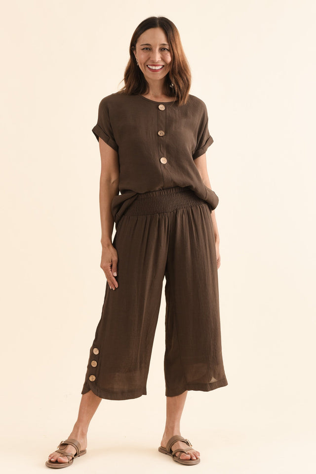 Lettie Chocolate Button Pants,Full Body,Brunette model,alt text|model:Cara image 3