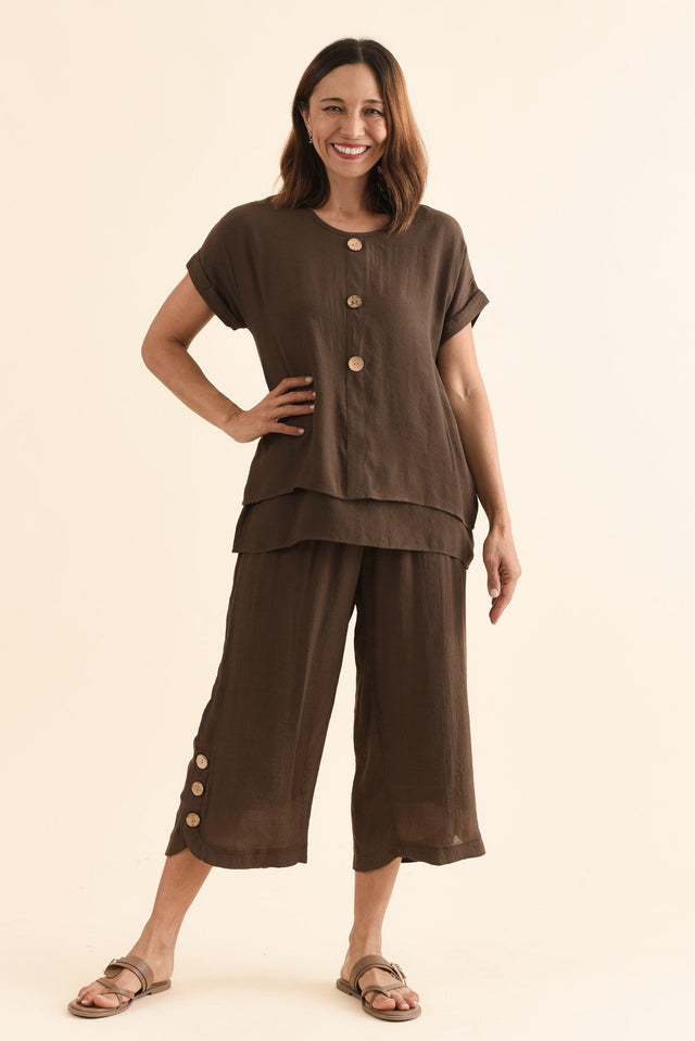 Lettie Chocolate Button Pants,Full Body,Brunette model,alt text|model:Cara image 7