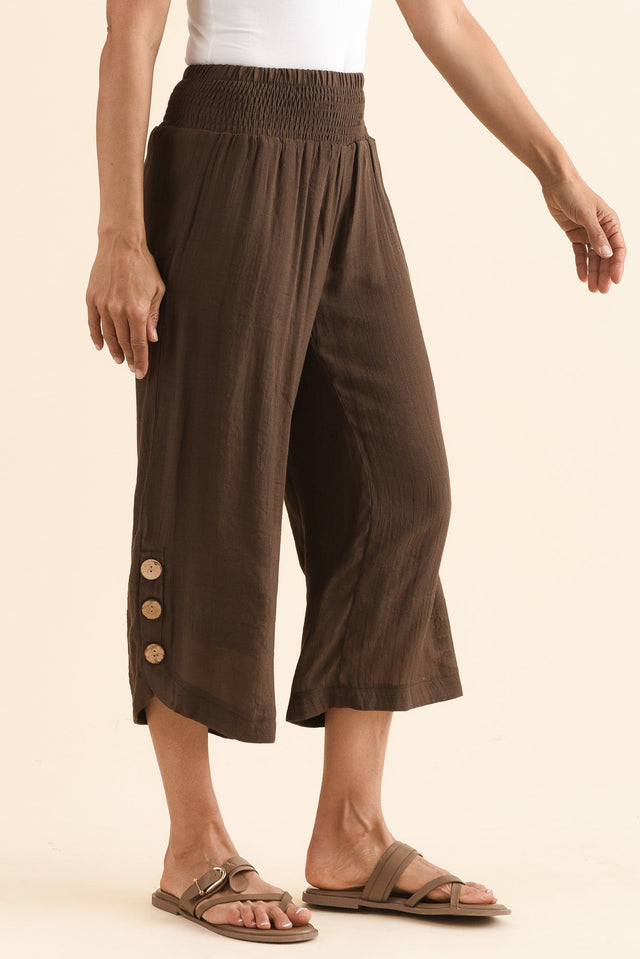 Lettie Chocolate Button Pants,Side,Brunette model,alt text|model:Cara image 4