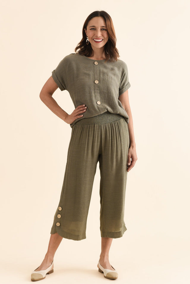 Lettie Khaki Button Pants,Full Body,Brunette model,alt text|model:Cara image 3