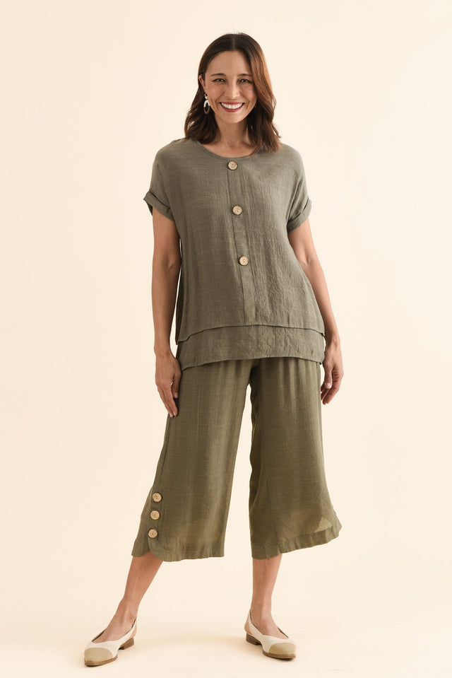 Lettie Khaki Button Pants,Full Body,Brunette model,alt text|model:Cara image 7