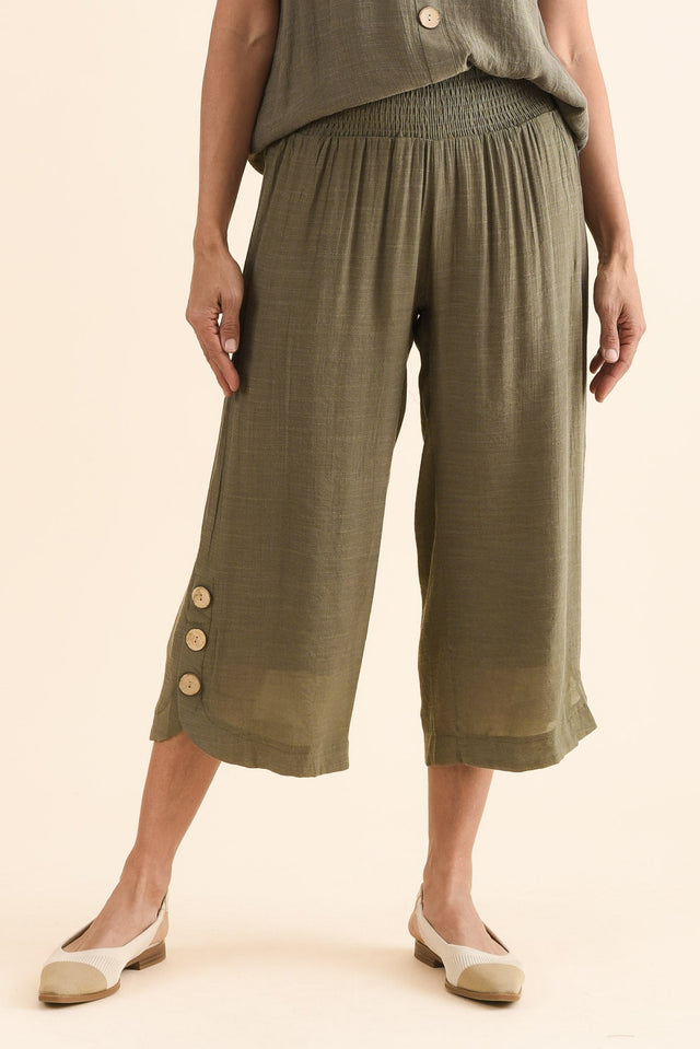 Lettie Khaki Button Pants,Front,Brunette model,alt text|model:Cara