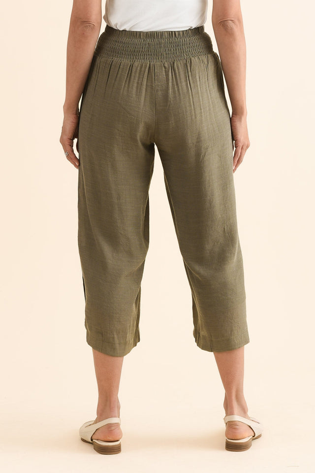 Lettie Khaki Button Pants,Back,Brunette model,alt text|model:Cara image 5