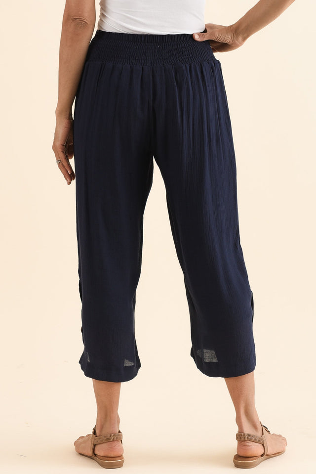 Lettie Navy Button Pants,Back,Brunette model,alt text|model:Cara image 5