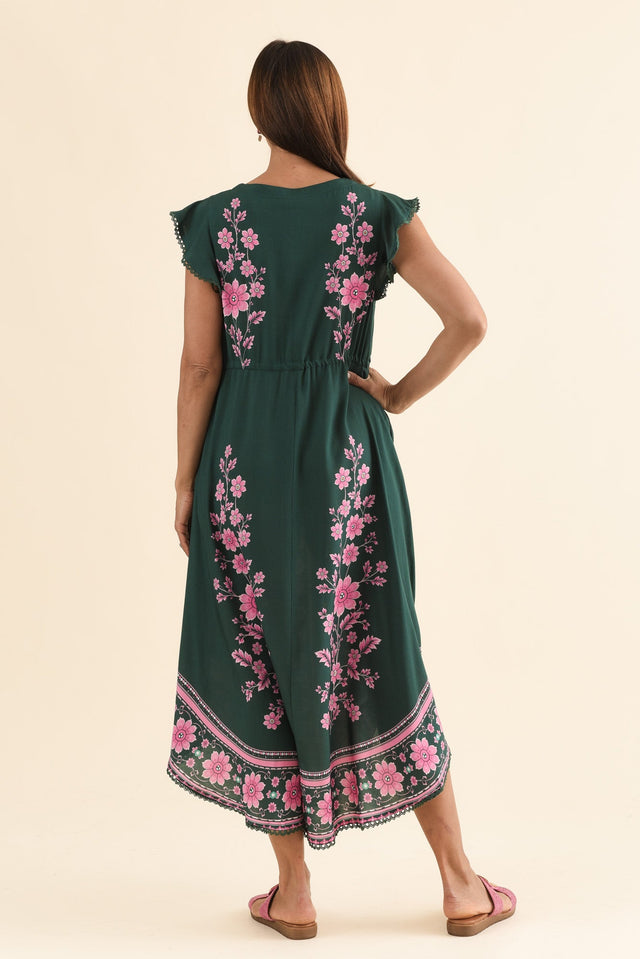 Libby Emerald Flower Midi Dress,Back,Brunette model,alt text|model:Cara image 4