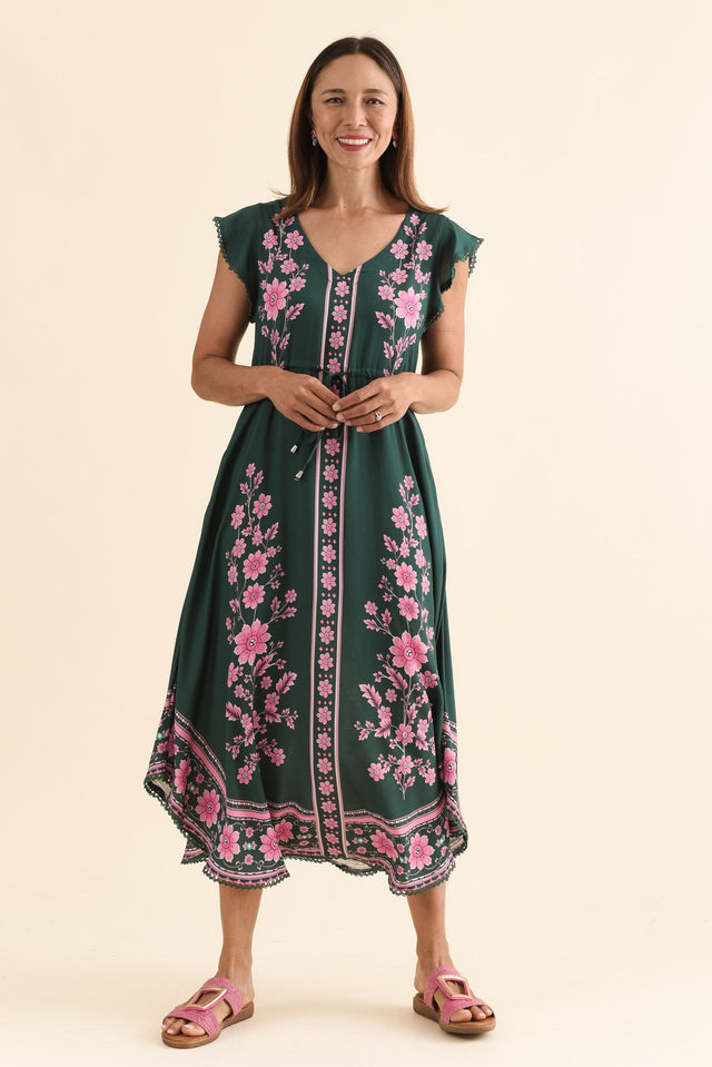 Libby Emerald Flower Midi Dress,Full Body,Brunette model,alt text|model:Cara image 6