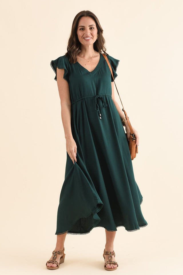 Libby Emerald Midi Dress,Front,Brunette model,alt text|model:MJ