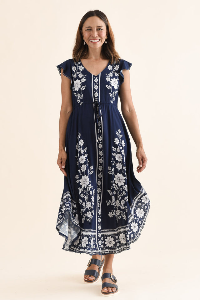 Libby Navy Bloom Midi Dress,Front,Brunette model,alt text|model:Cara image 1