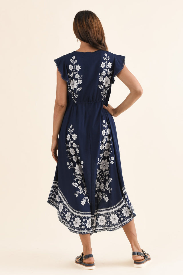 Libby Navy Bloom Midi Dress,Back,Brunette model,alt text|model:Cara image 4