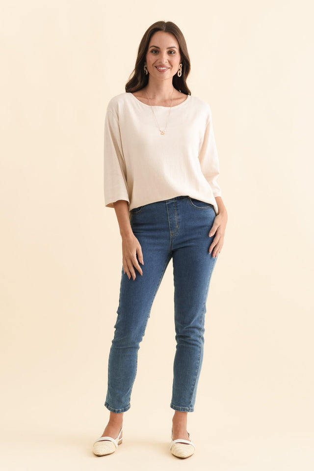 Liberty Beige Cotton Knit 3/4 Sleeve Top,Brunette model,alt text|model:MJ image 7