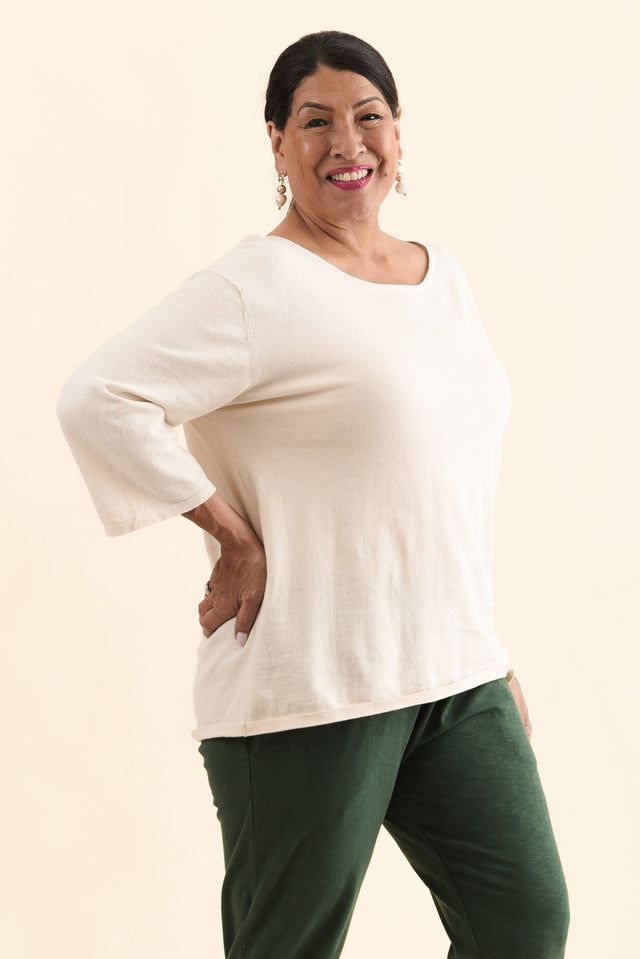 Liberty Beige Cotton Knit 3/4 Sleeve Top,Side,Brunette model,alt text|model:Pilita image 10