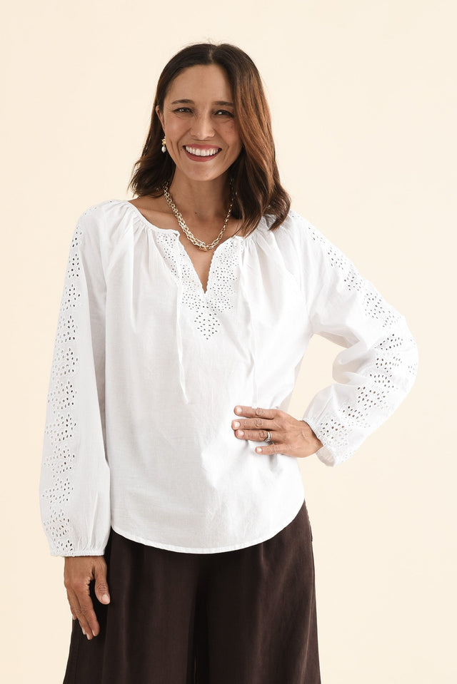 Liliana White Cotton Tie Top,Front,Brunette model,alt text|model:Cara
