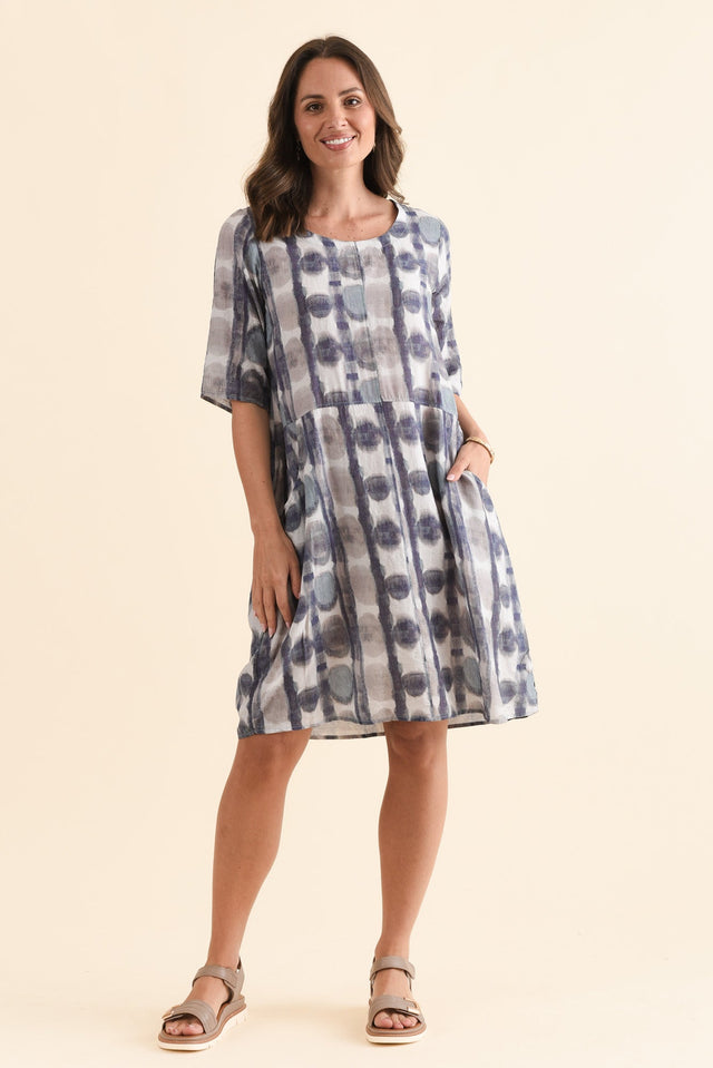 Lilibet Blue Circle Cotton Pocket Dress,Front,Brunette model,alt text|model:MJ image 1