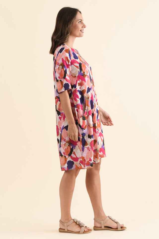 Lilibet Pink Abstract Cotton Pocket Dress,Side,Brunette model,alt text|model:MJ image 3