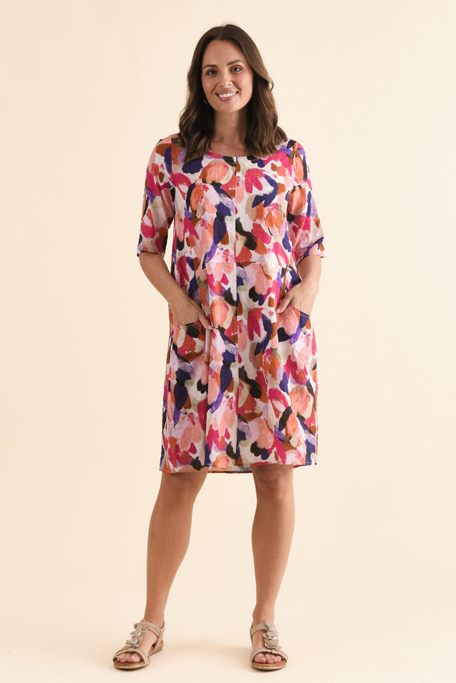 Lilibet Pink Abstract Cotton Pocket Dress,Full Body,Brunette model,alt text|model:MJ image 6