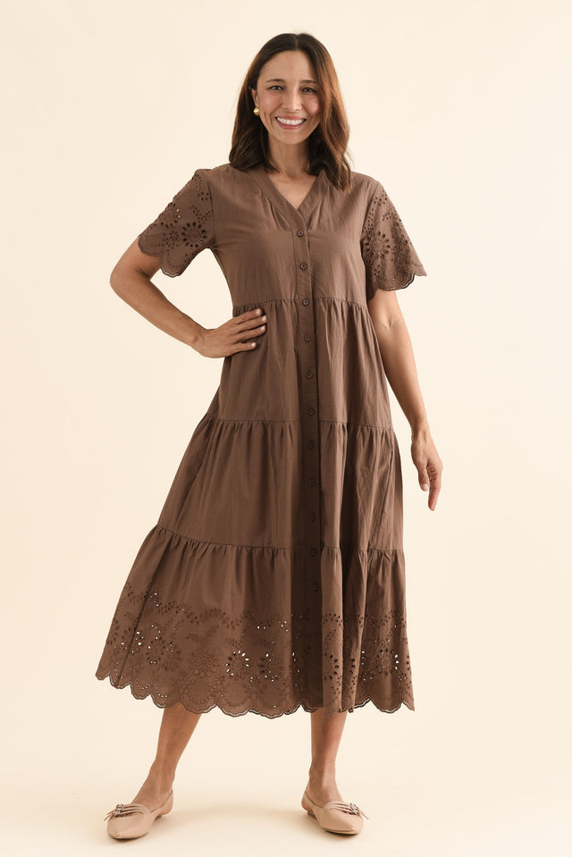 Lilith Chocolate Embroidered Cotton Dress,Full Body,Brunette model,alt text|model:Cara image 7