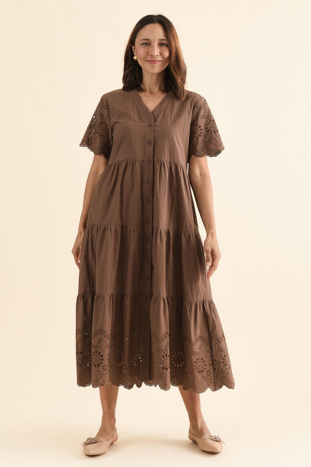 Lilith Chocolate Embroidered Cotton Dress,Full Body,Brunette model,alt text|model:Cara image 3