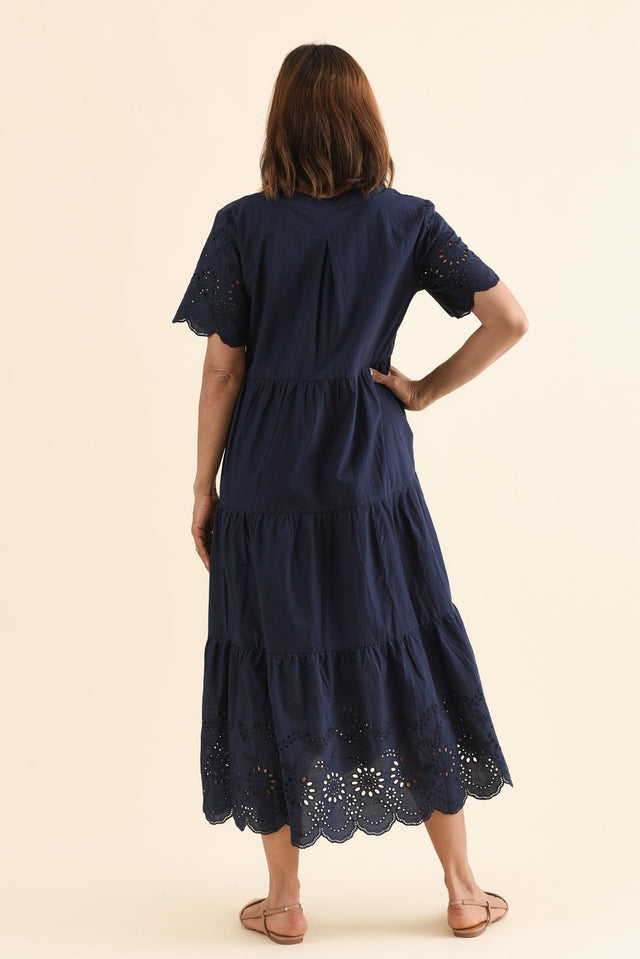 Lilith Navy Embroidered Cotton Dress,Back,Brunette model,alt text|model:Cara image 5